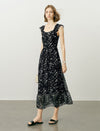 Chiffon Black Floral Ruffle Maxi Dress