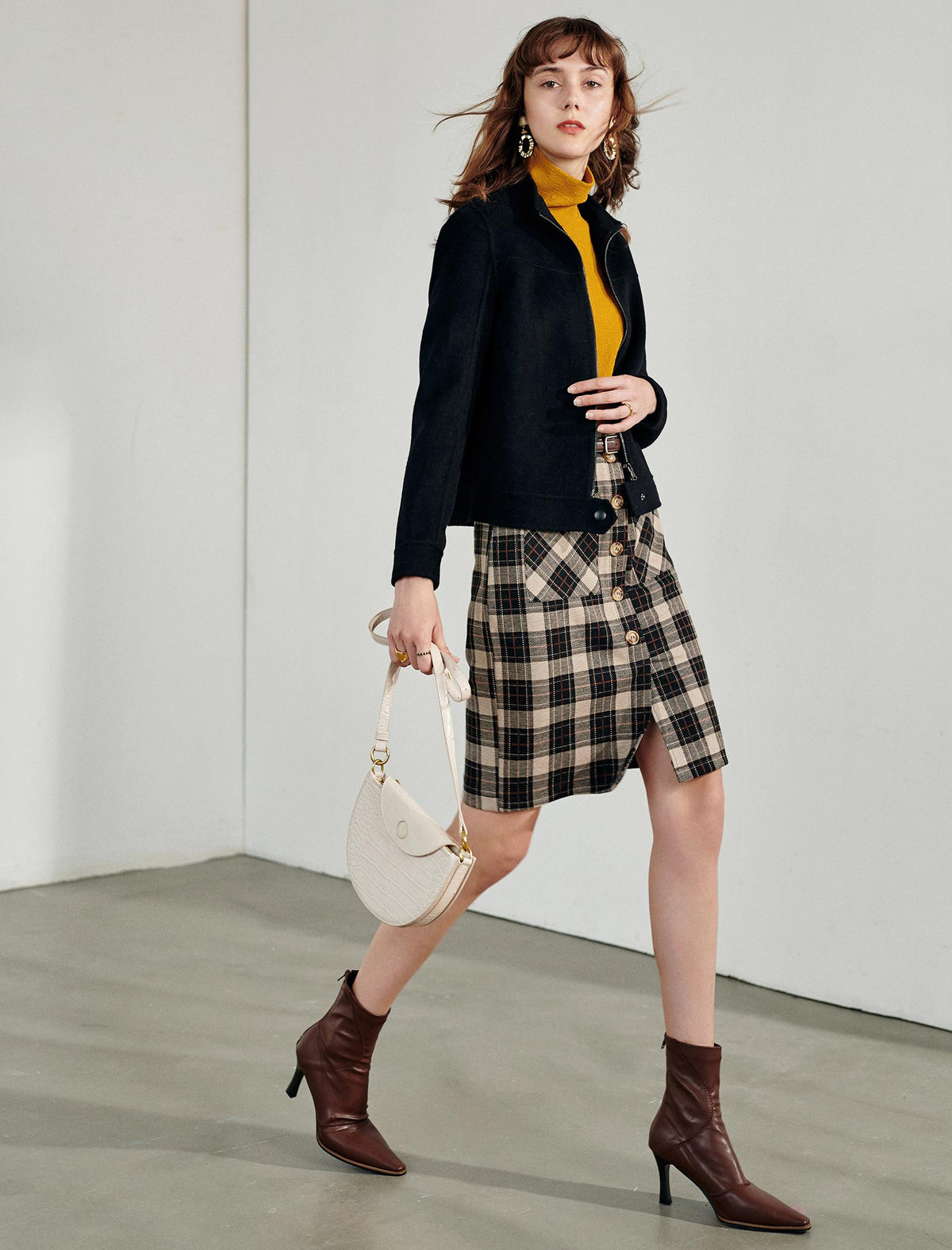 Wool Blend Plaid Long Sleeve Zip-Front Jacket