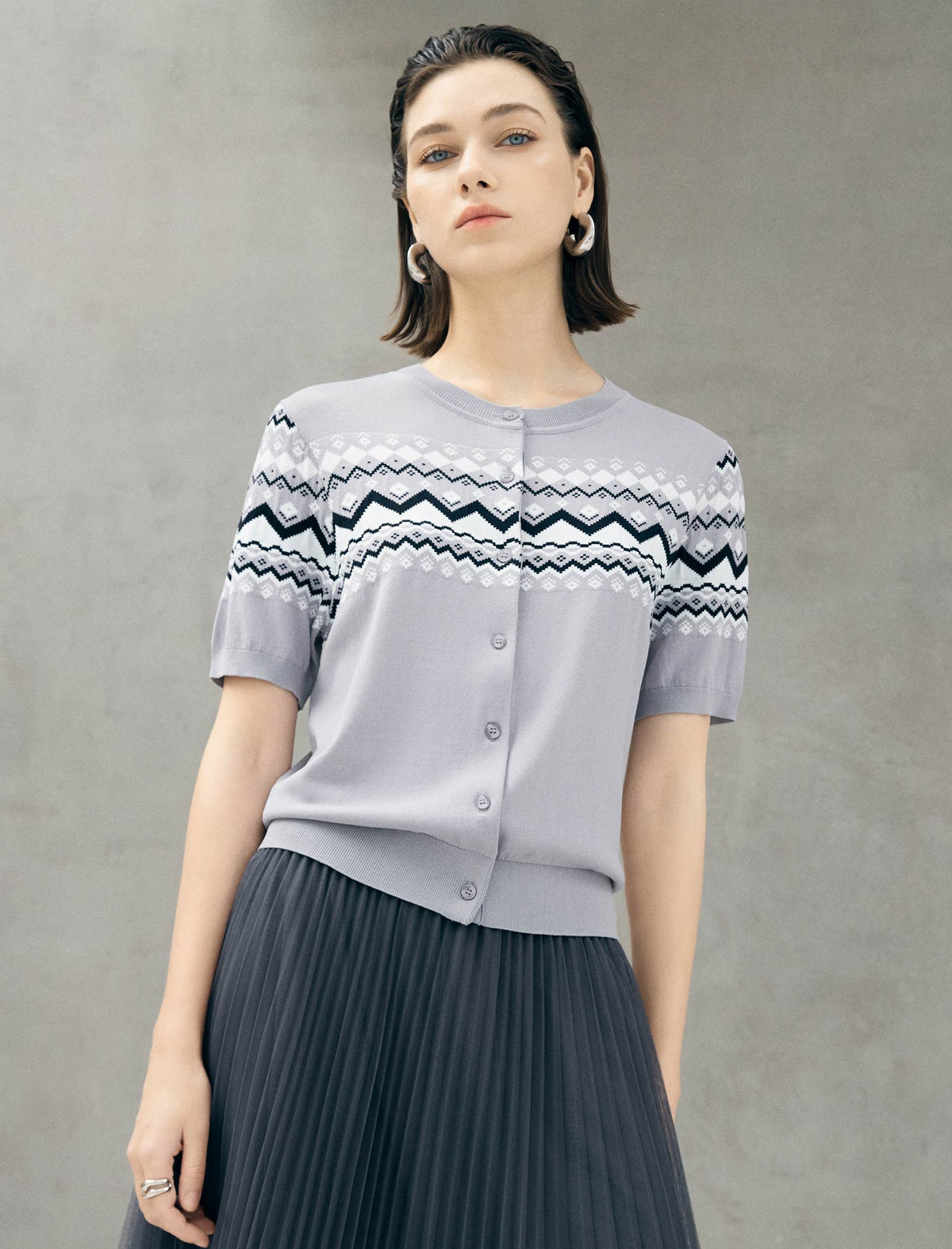 Fair Isle Pattern Short Sleeve Knit Cardigan
