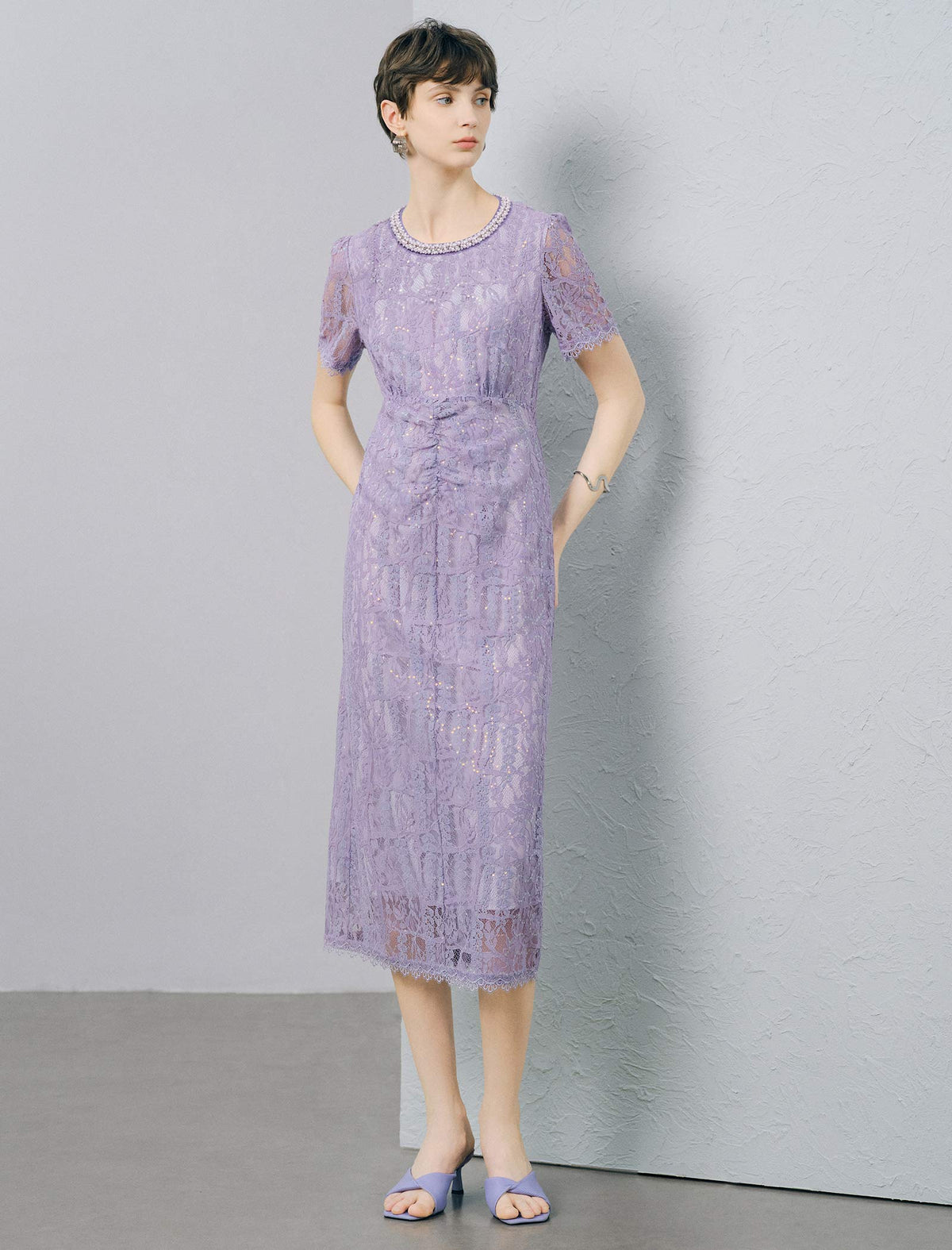 Lavender Sequin Lace Beaded Neck Ruched Waist Midi Dress