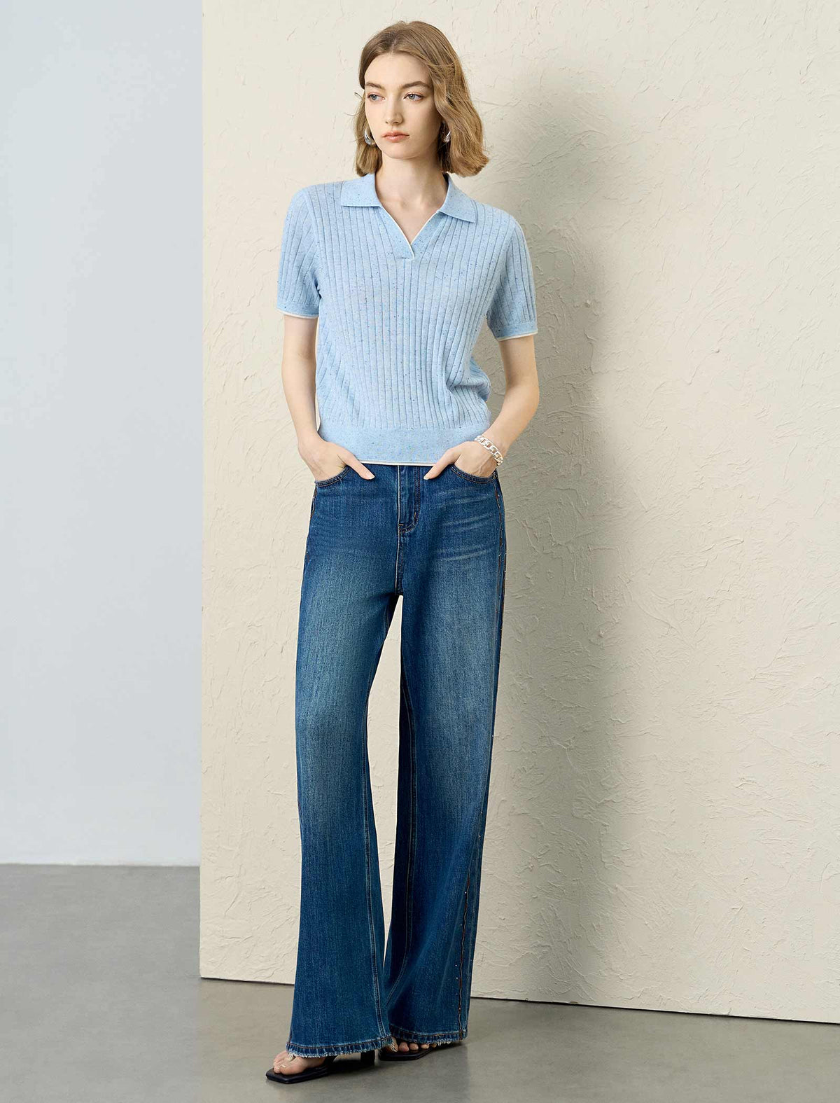 Ribbed Polo‑Collared Knit Short‑Sleeve Top