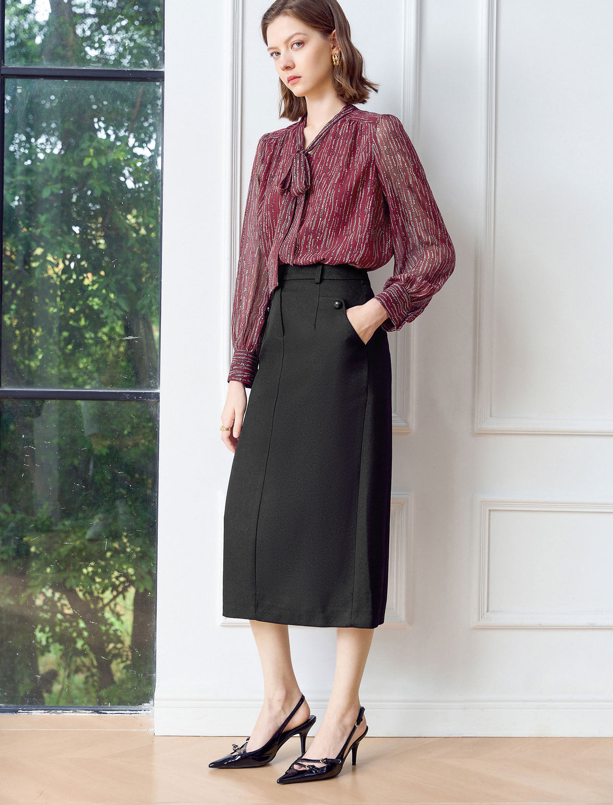 Button Pockets Back Slit High Waist Pencil Skirt