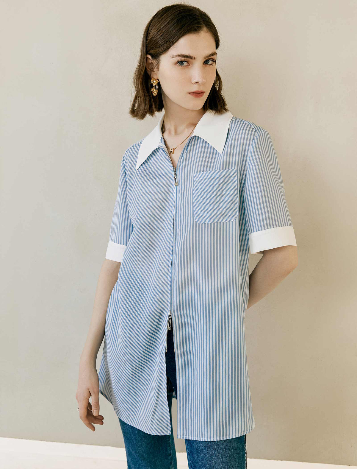 Striped Contrast Collar Relaxed Fit Shirt