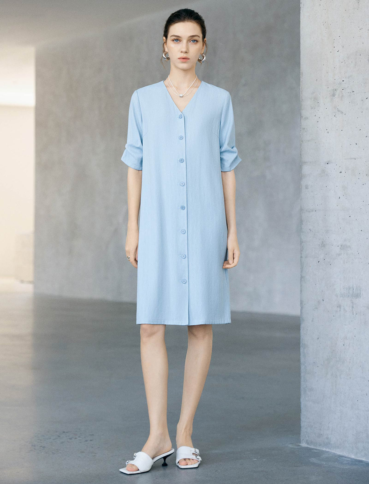 Light Blue V-Neck Tie Waist Midi Shirt Dress