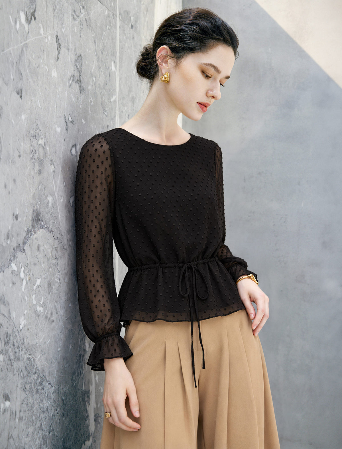 Polka Dot Crewneck Drawstring Cropped Top