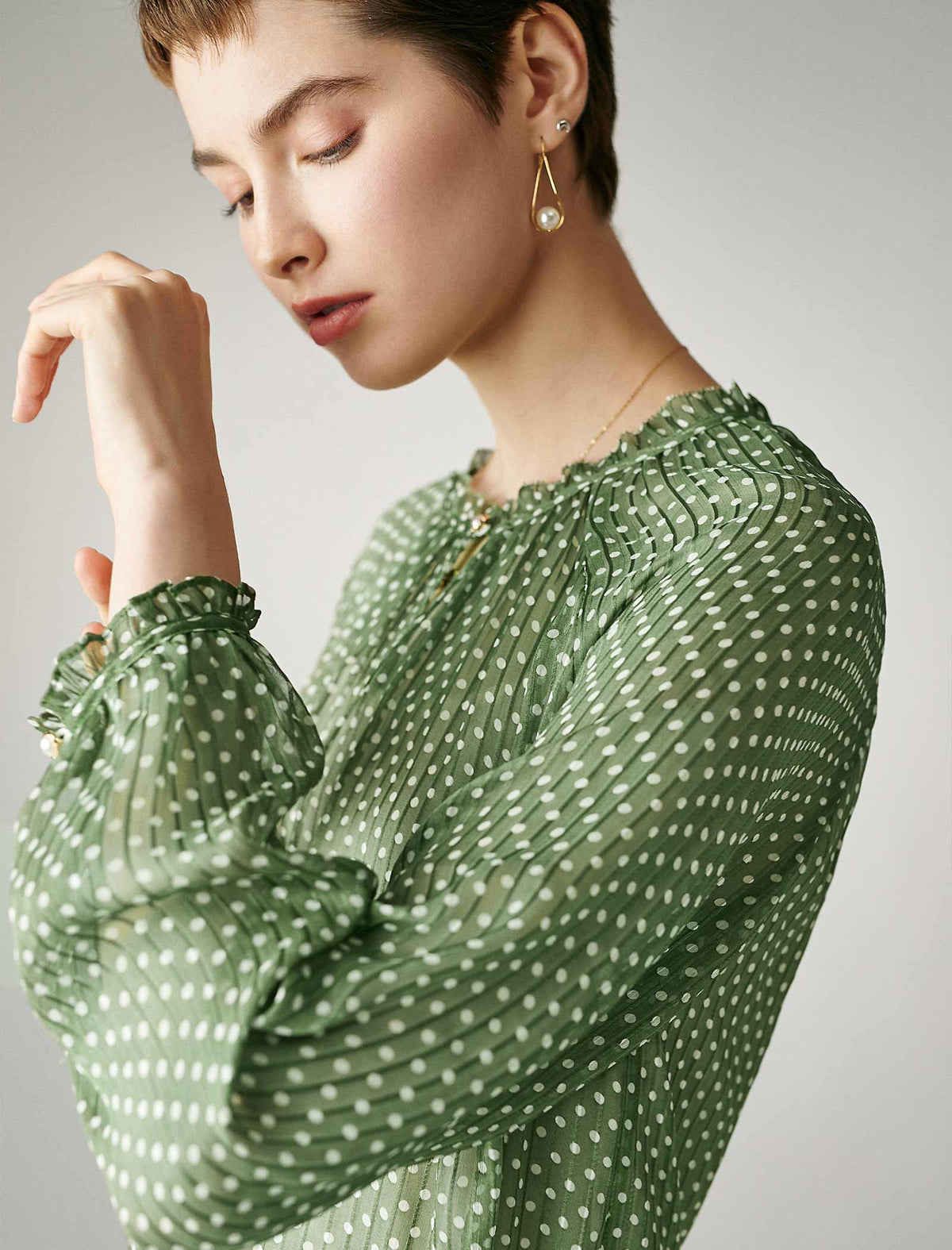 Chiffon Polka Dot Lantern Sleeve Blouse
