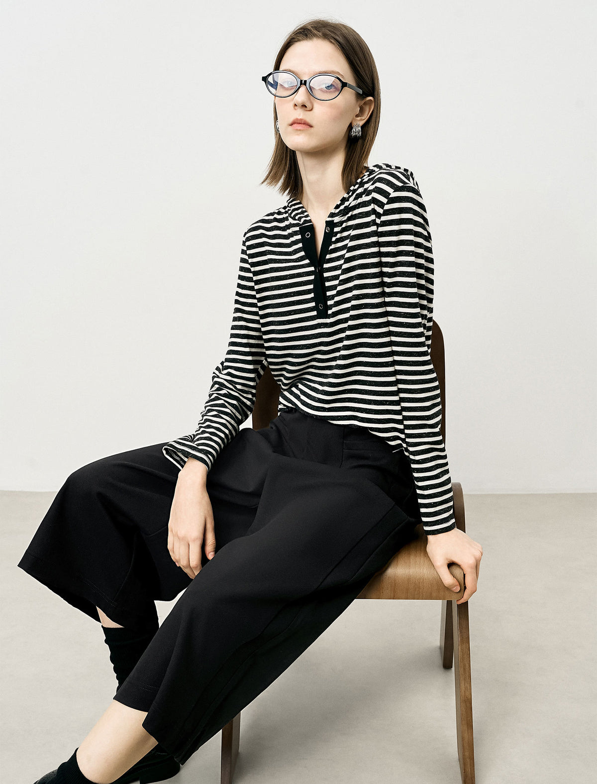 Stripe Long-Sleeve Hooded Henley Top