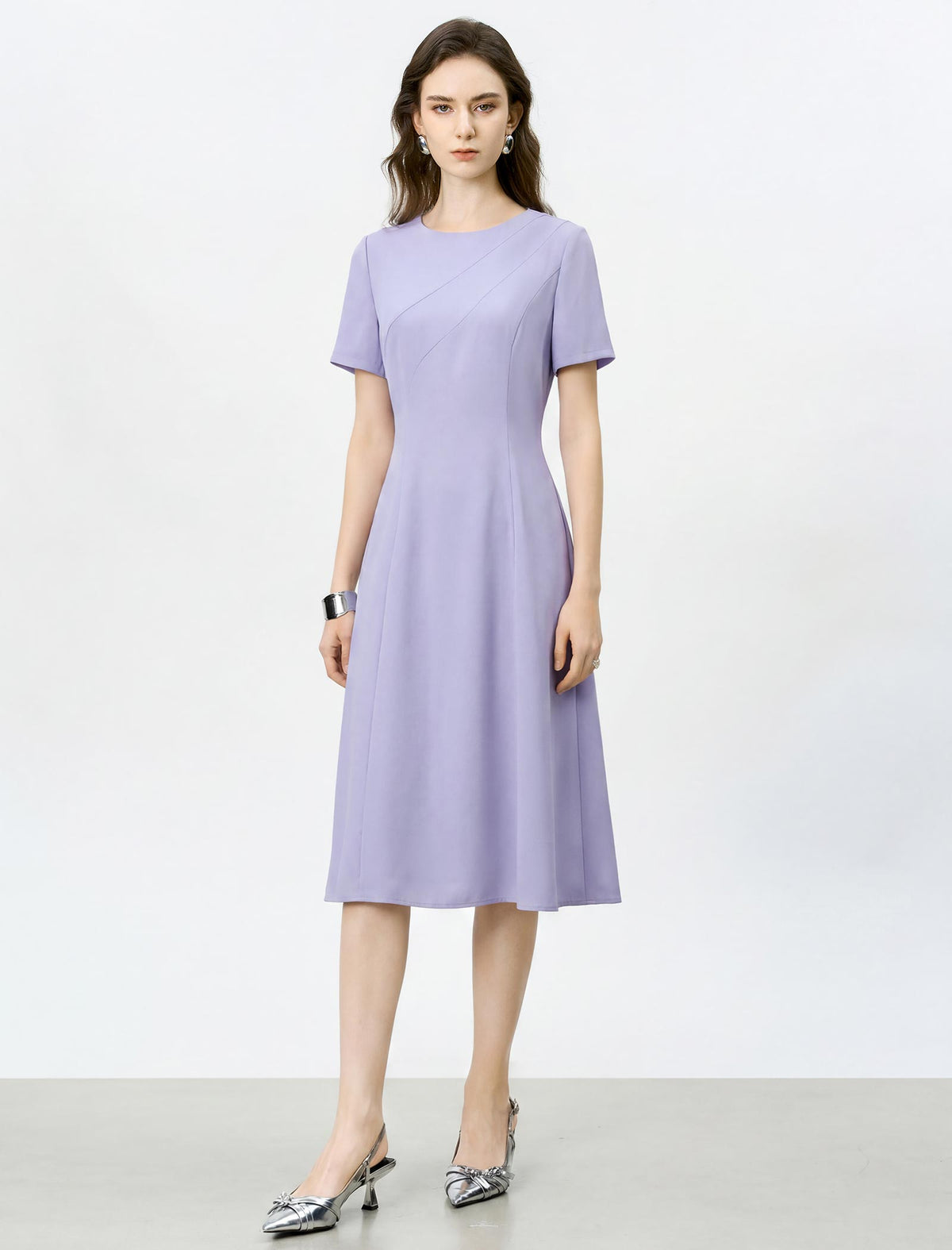 Lavender Seamed Short Sleeve Fit And Flare Midi Dress