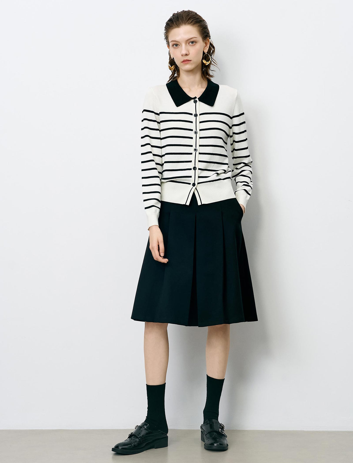 Striped Lapel Slim Fit Long-Sleeve Knit Sweater
