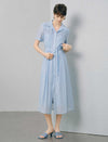 Light Blue Tencel Linen Blend Lace-Trimmed Shirt Midi Dress