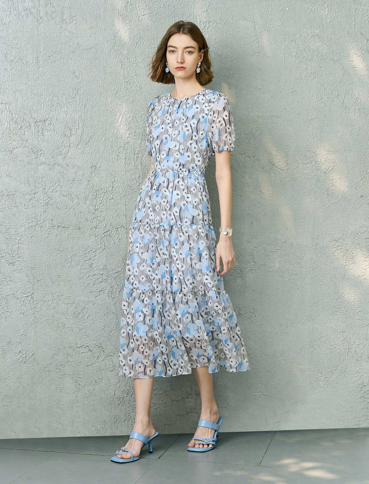 Chiffon Blue Floral Tiered Midi Dress