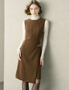 Wool-Blend Asymmetric Hem Leather Buckle Sleeveless Midi Dress