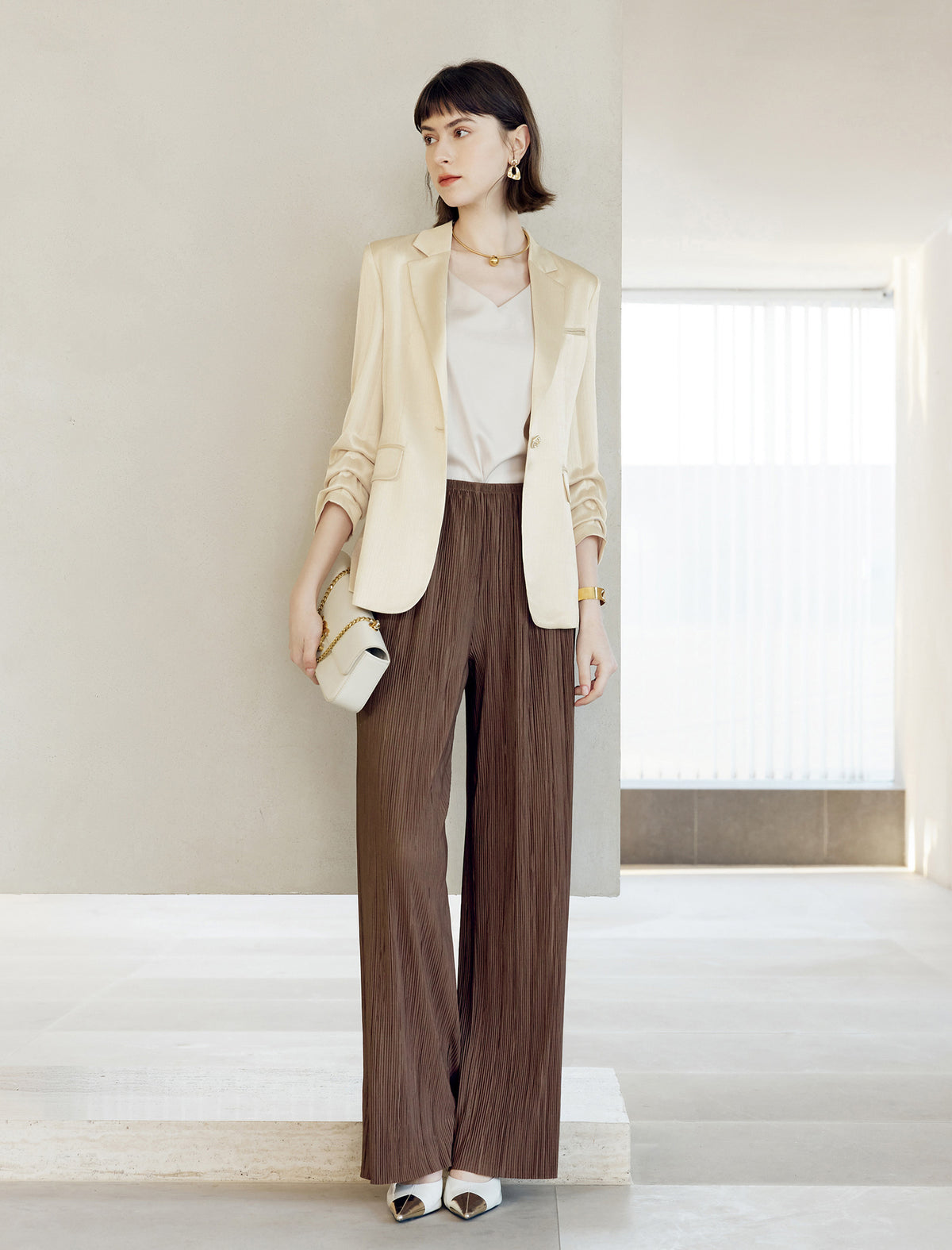 Champagne Textured Ruched Sleeve Blazer