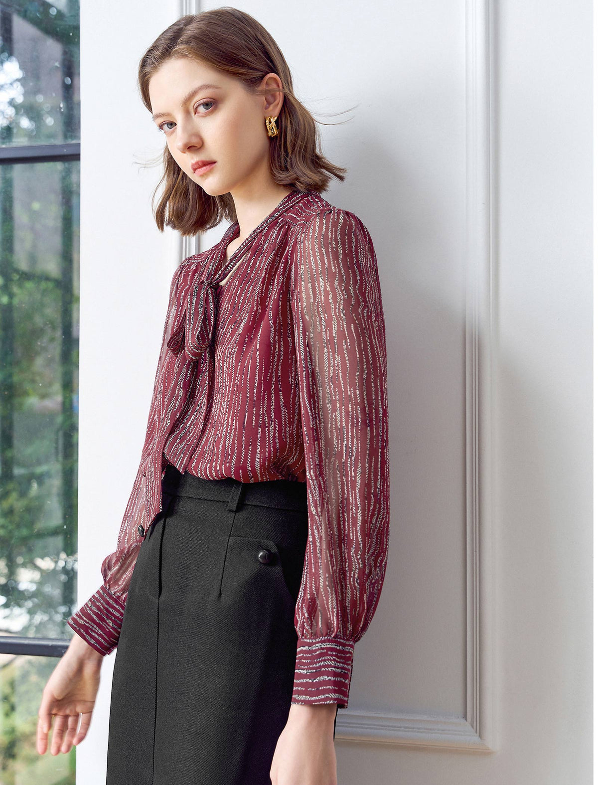 Chiffon Striped Bow Tie Blouse