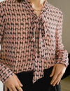 100% Mulberry Silk Bow Tie Neck Print Blouse