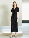 Shiny Black V-Neck Twist Detail Midi Dress