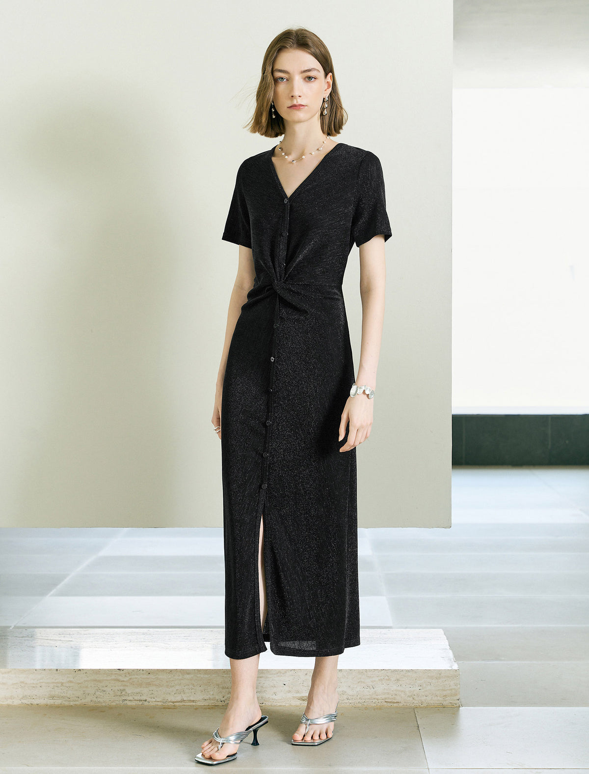 Shiny Black V-Neck Twist Detail Midi Dress