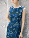 Blue Floral Sleeveless Knee-Length Sheath Dress