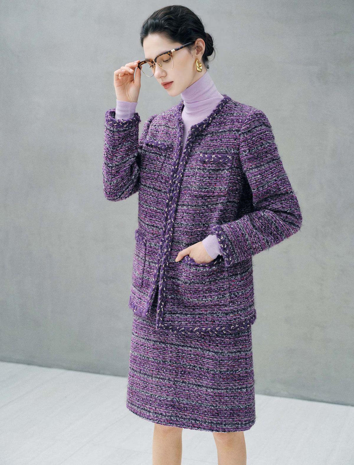 Wool Blend Textured Braided Trim Open-Front Jacket