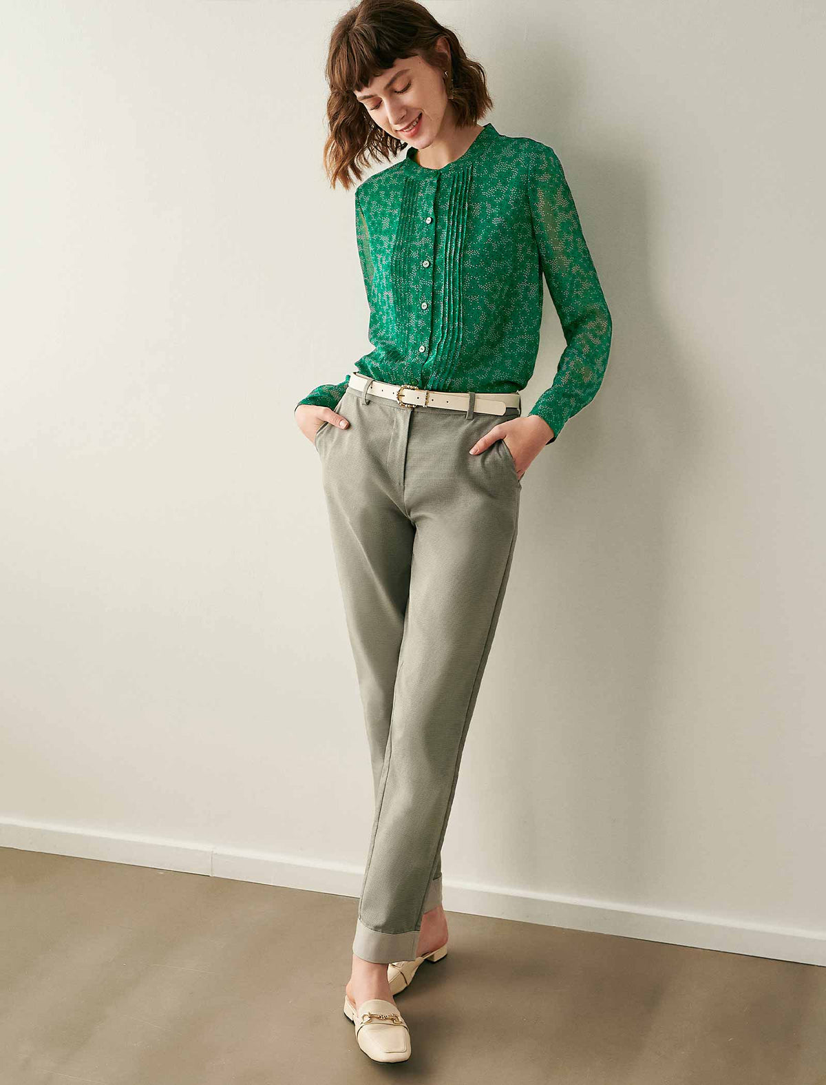 Emerald Green Ditsy-Print Pleated Blouse