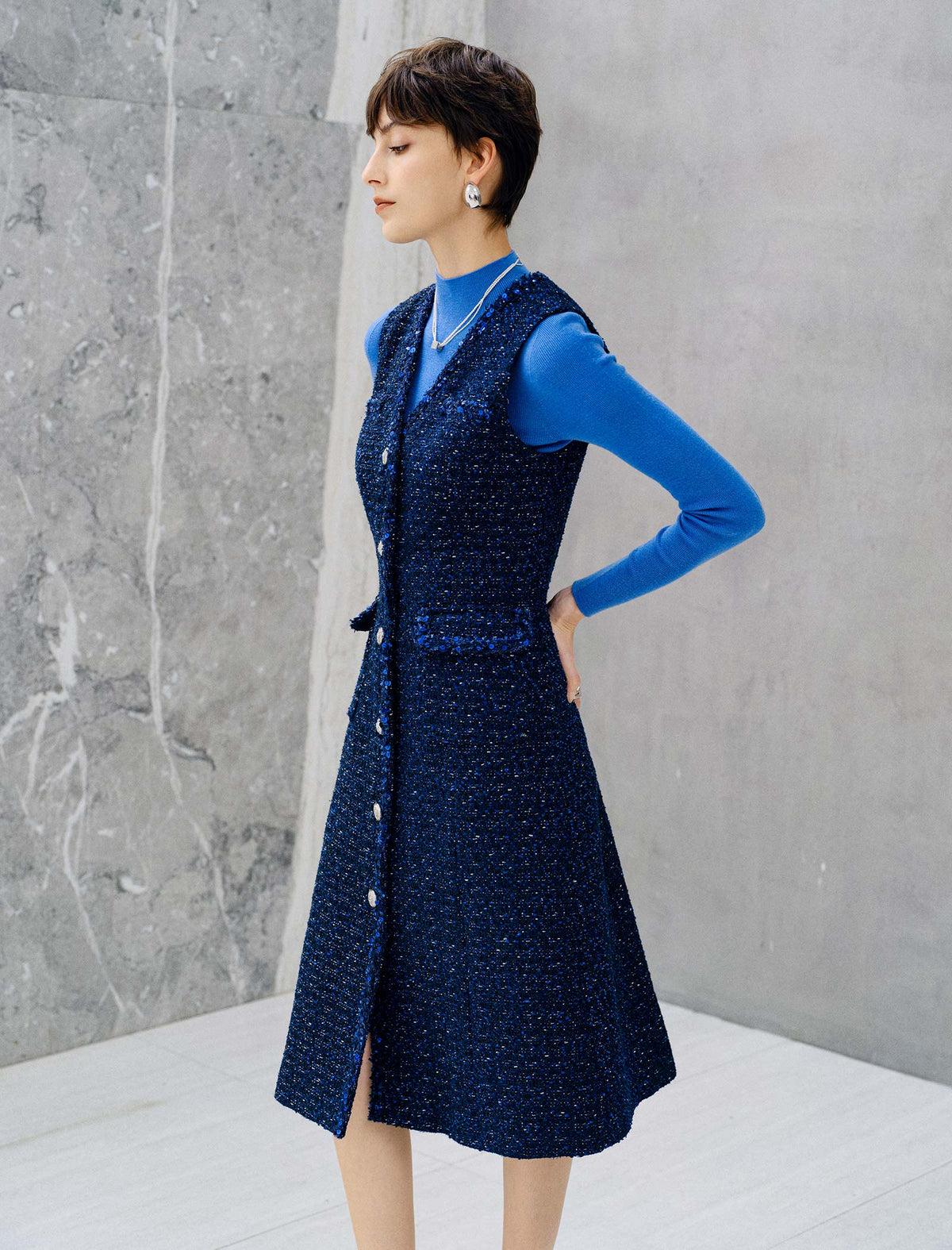 Wool Blend Button Front Sleeveless Midi Dress