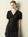 Black Lace Puff Sleeve Midi Dress