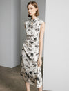 Watercolor Floral Print Qipao-Style Midi Dress
