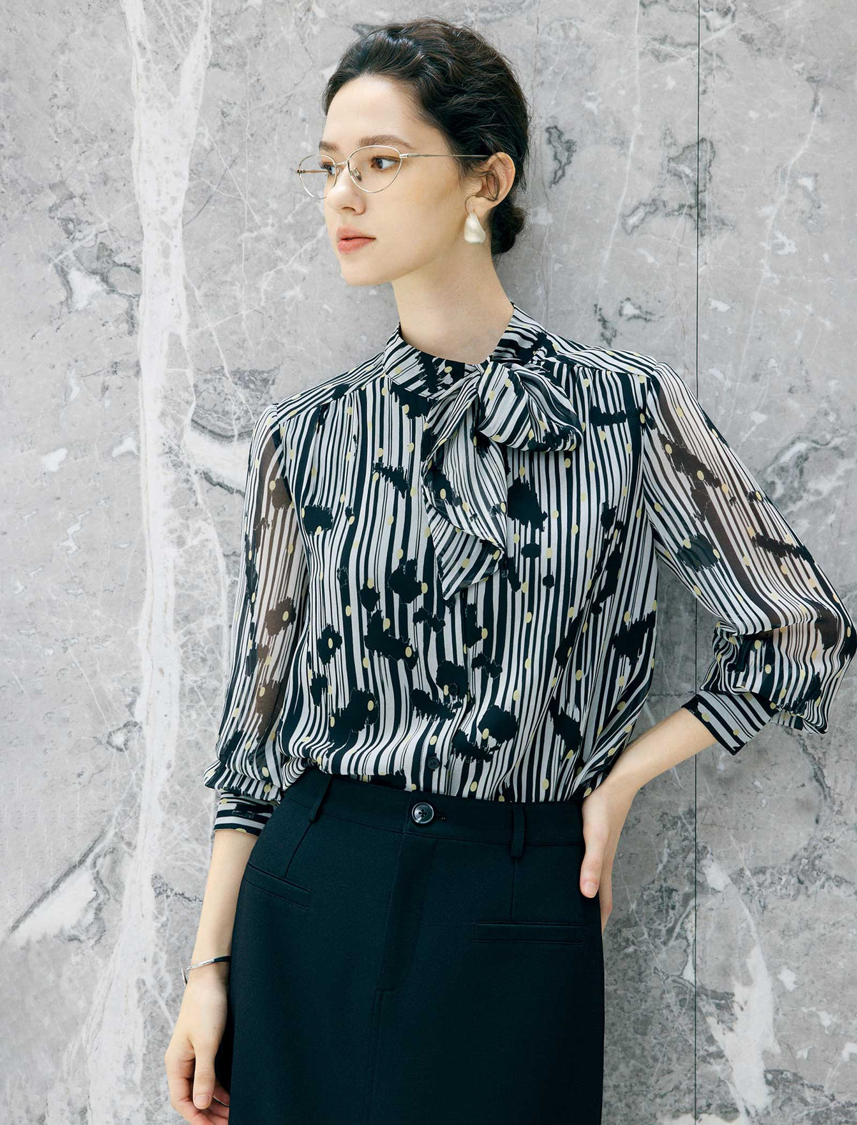 Vintage Stripe Dotted Bow Tie Chiffon Blouse