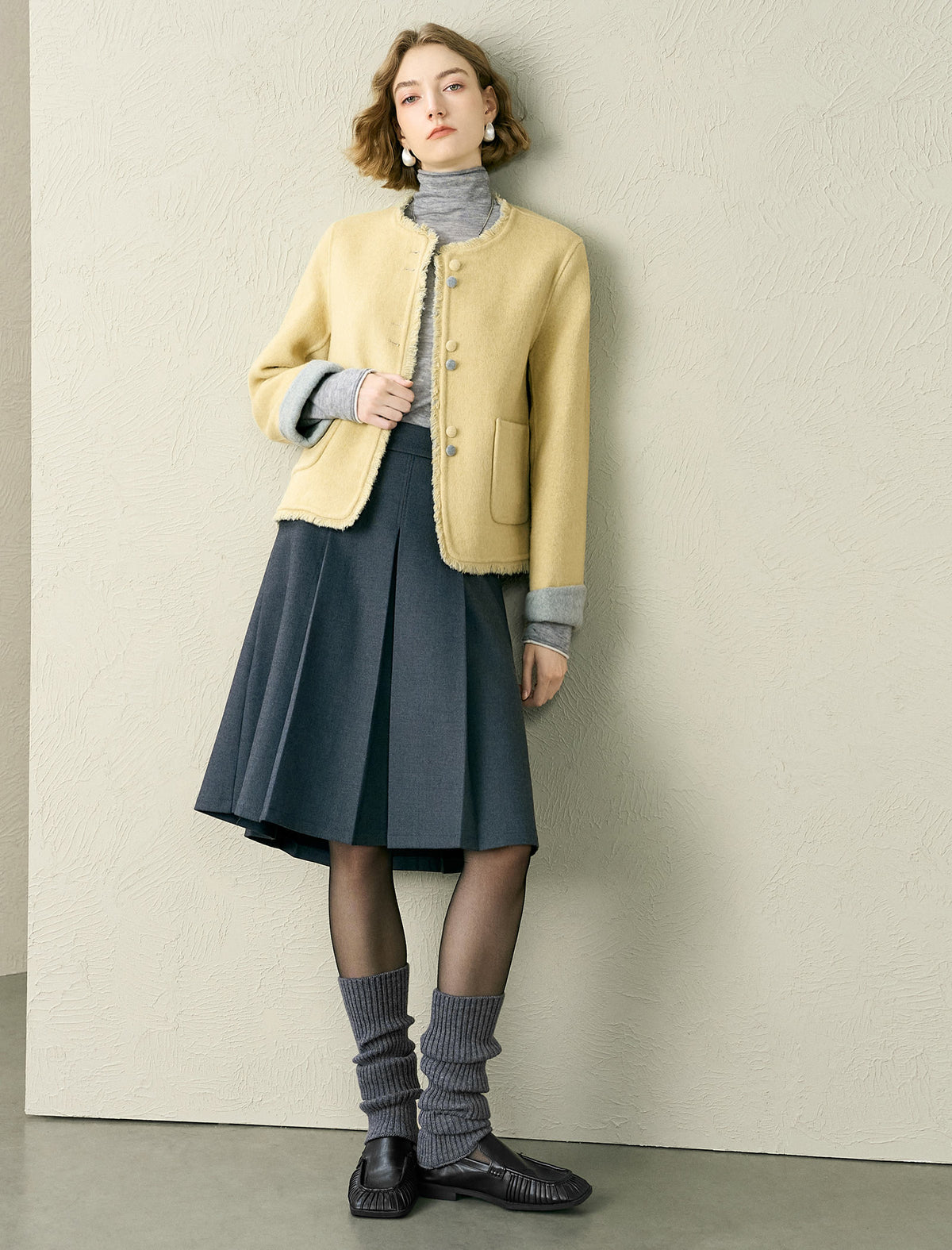 Collarless Wool Blend Tweed Fringe Jacket