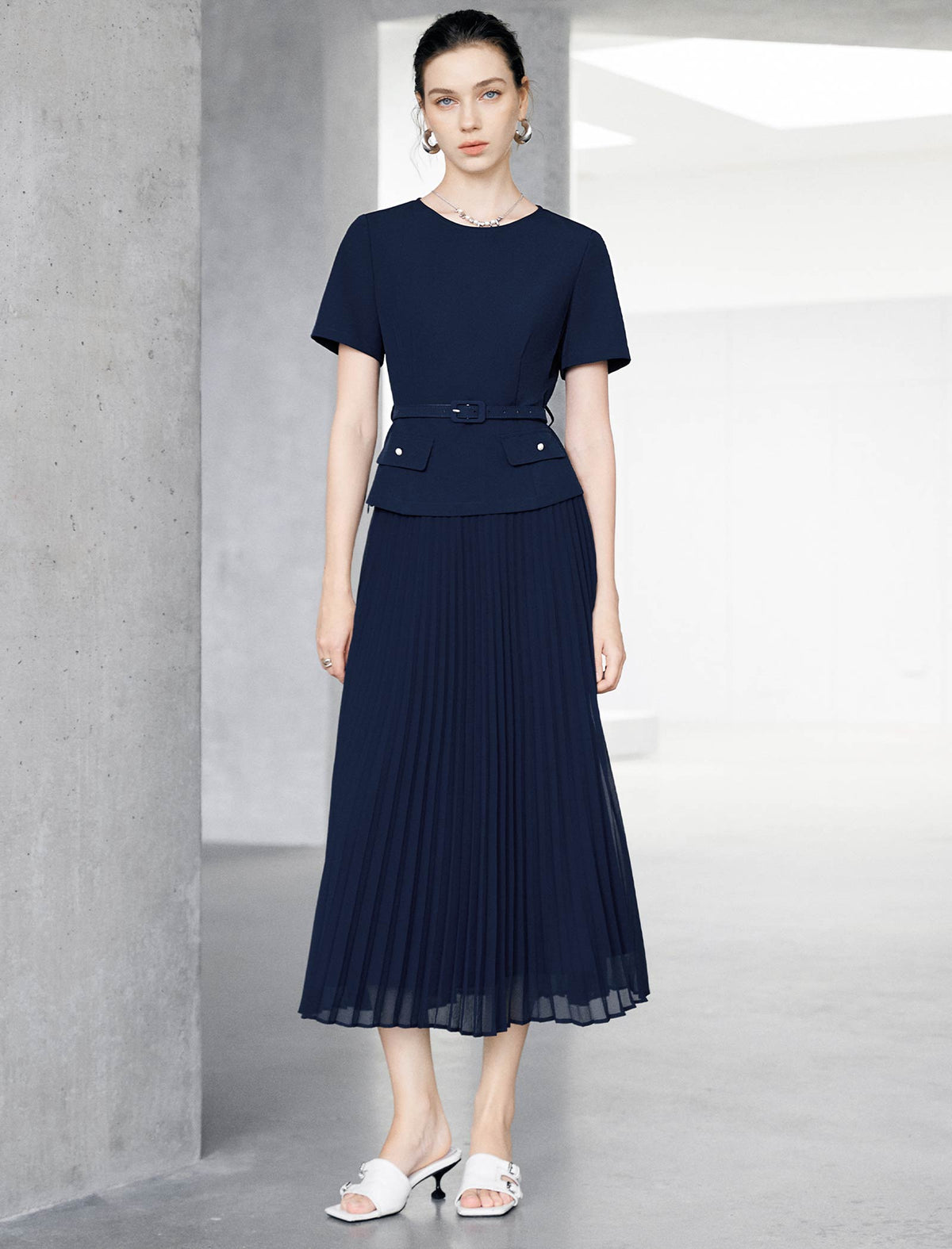Navy Solid Pleated Midi Skirt