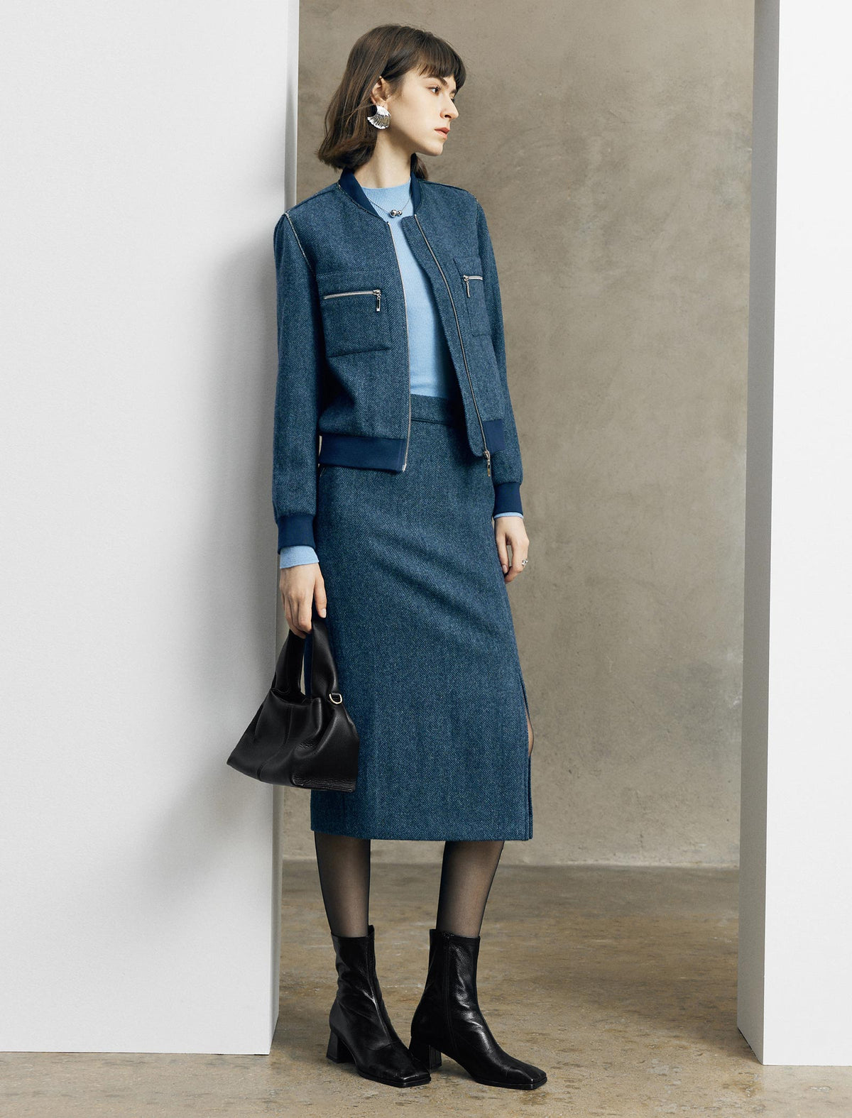 Herringbone Wool Side Slit Midi Skirt