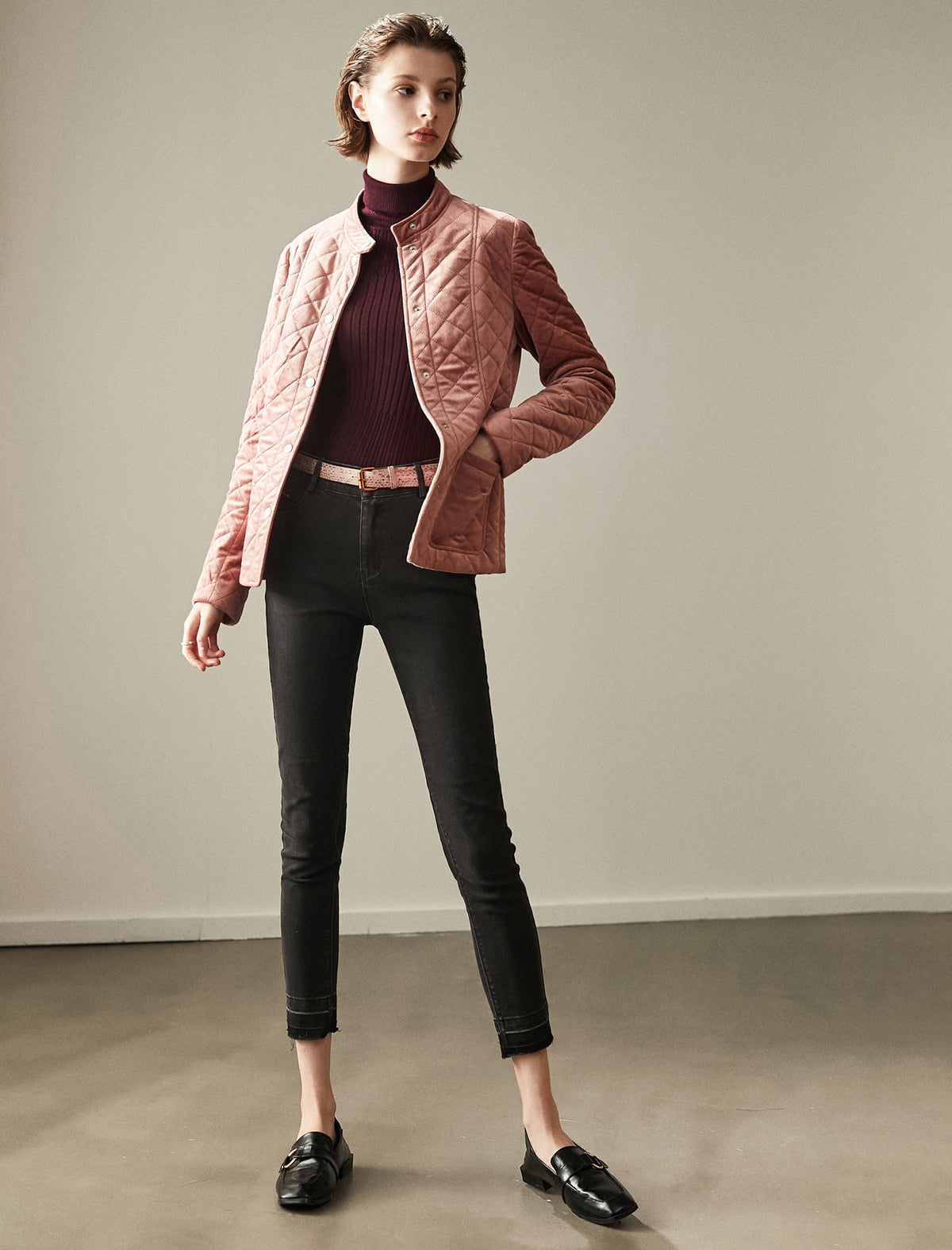 Velvet-Trim Stand-Collar Snap-Front Pocket Padded Coat