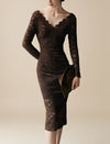 Brown Lace Long Sleeve Midi Dress