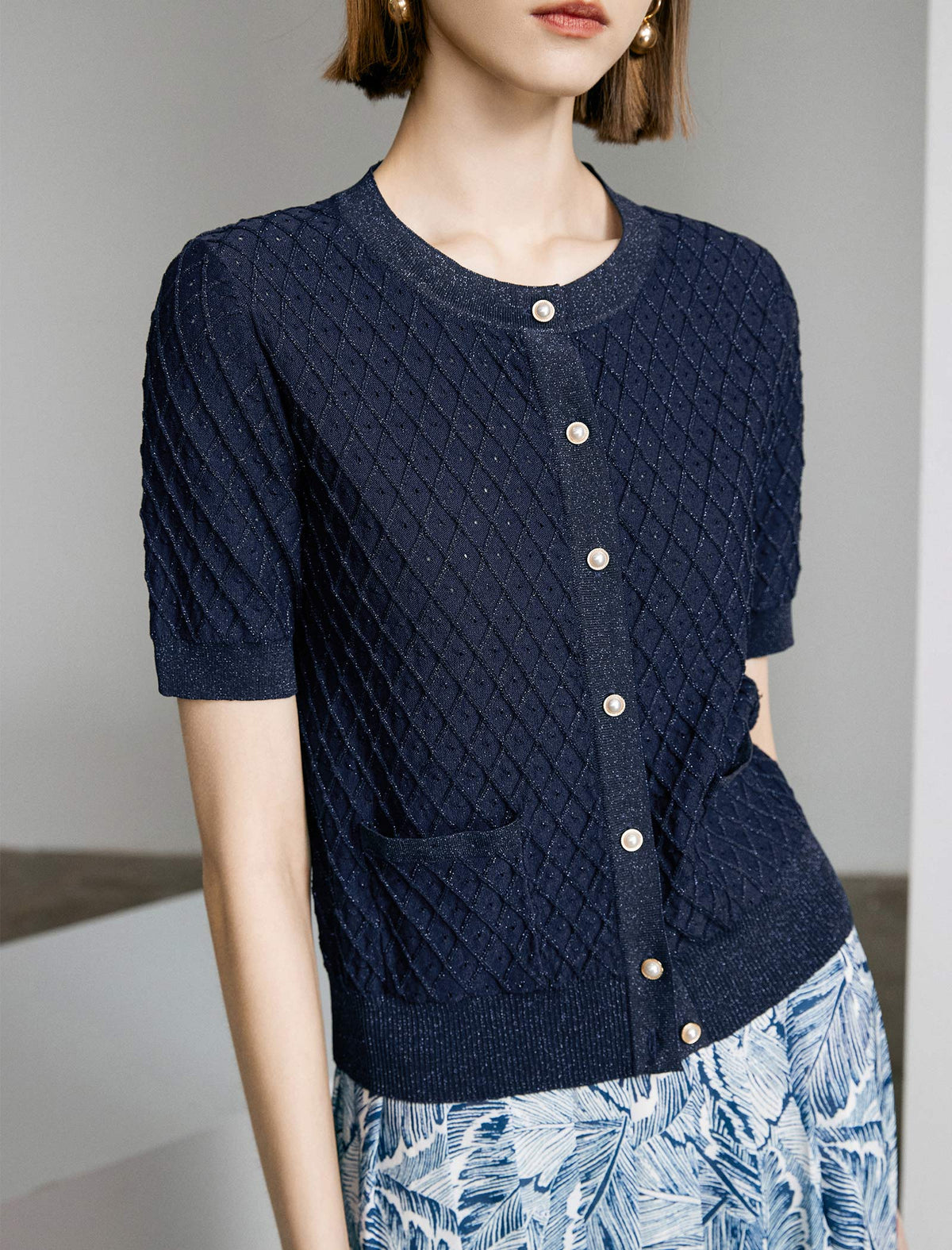 Diamond Textured Short Sleeve Knit Cardigan