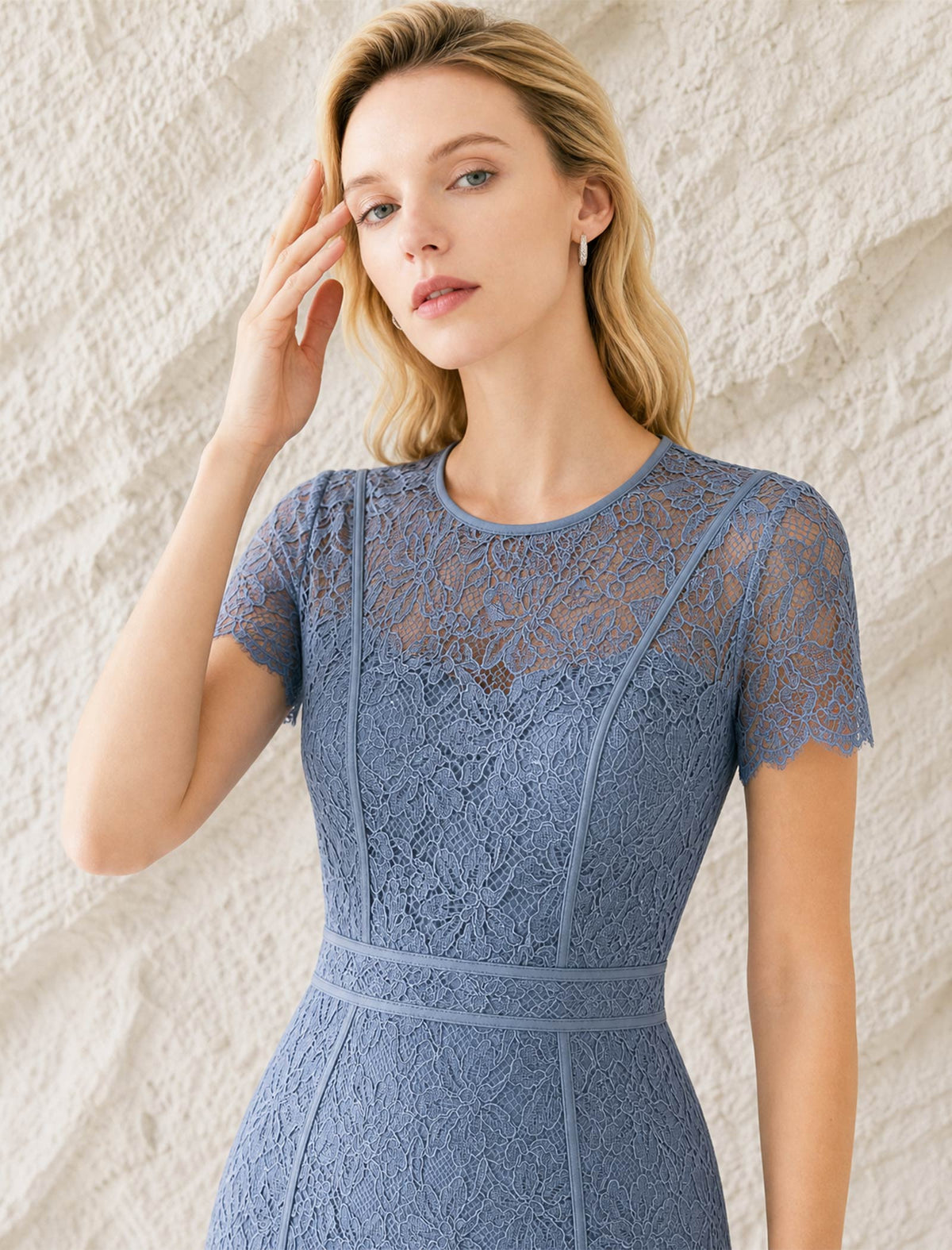 Dusty Blue Floral Lace Sheath Midi Dress