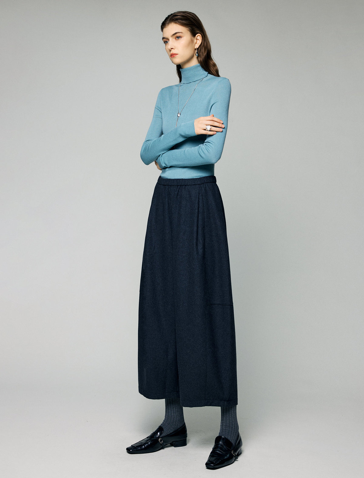Wool Blend Elastic-Waist Pleated Wide-Leg Culottes