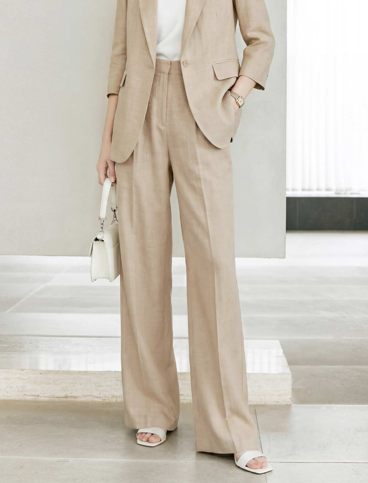 Linen Blend High Waisted Wide Leg Pants