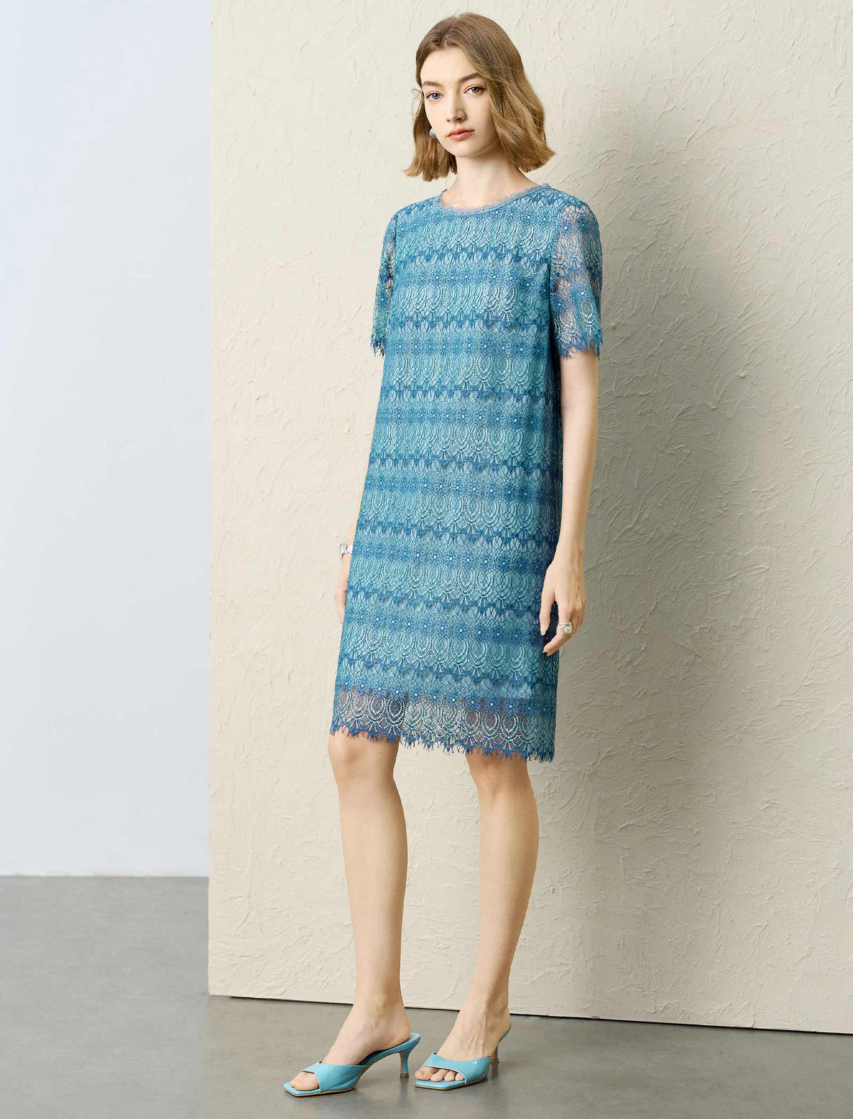 Teal Lace Short Sleeve Shift Dress