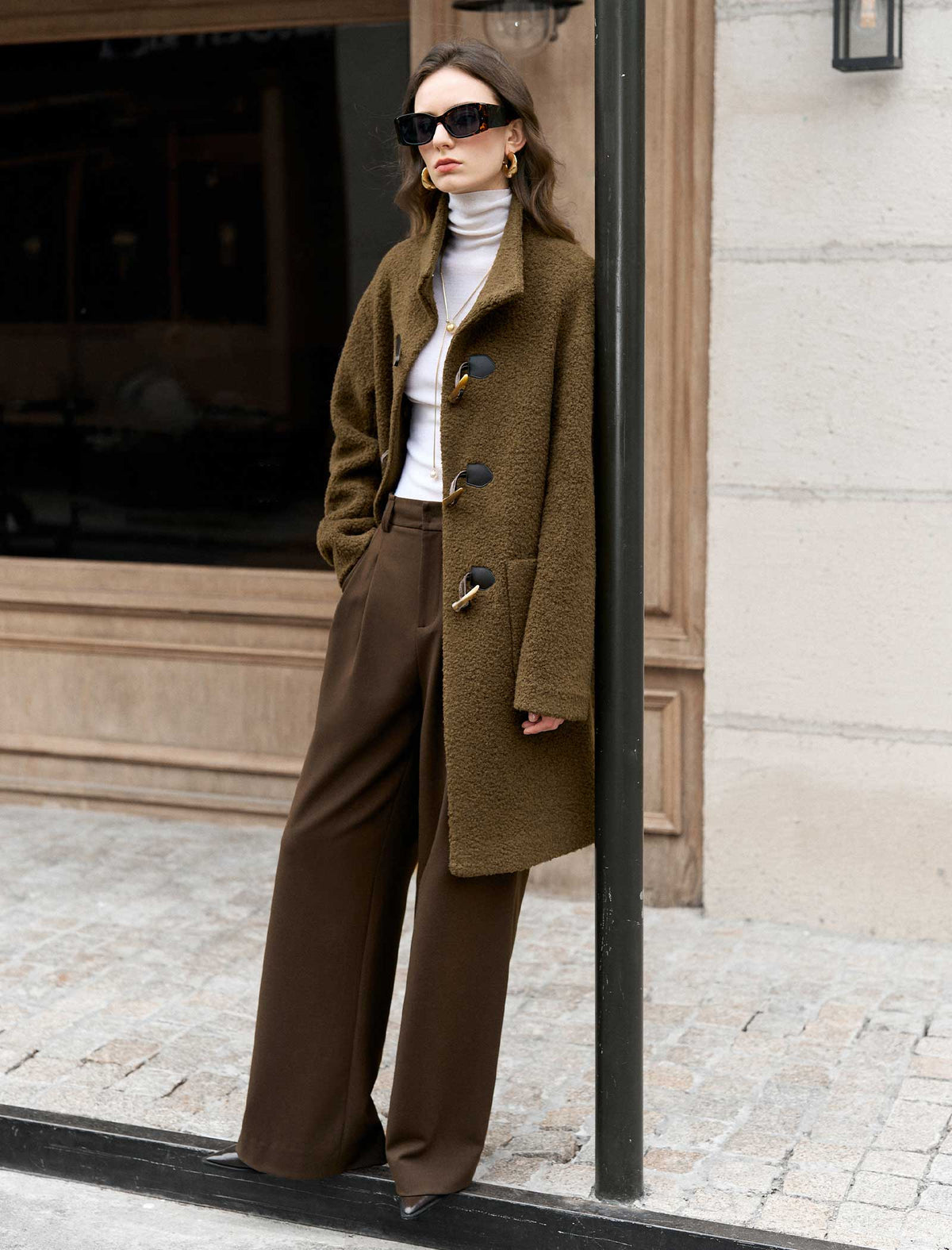 Brown Wool-Blend Toggle Coat