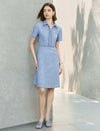 Blue Houndstooth Zipper Front Shirt Dress