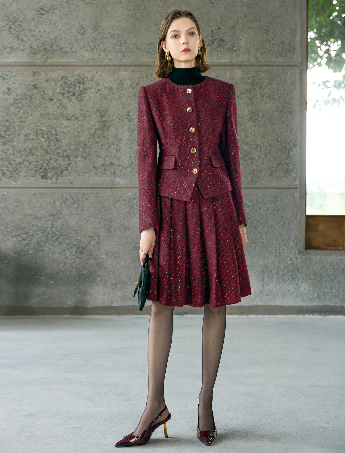 Sparkle Tweed Box-Pleated Knee-Length Skirt