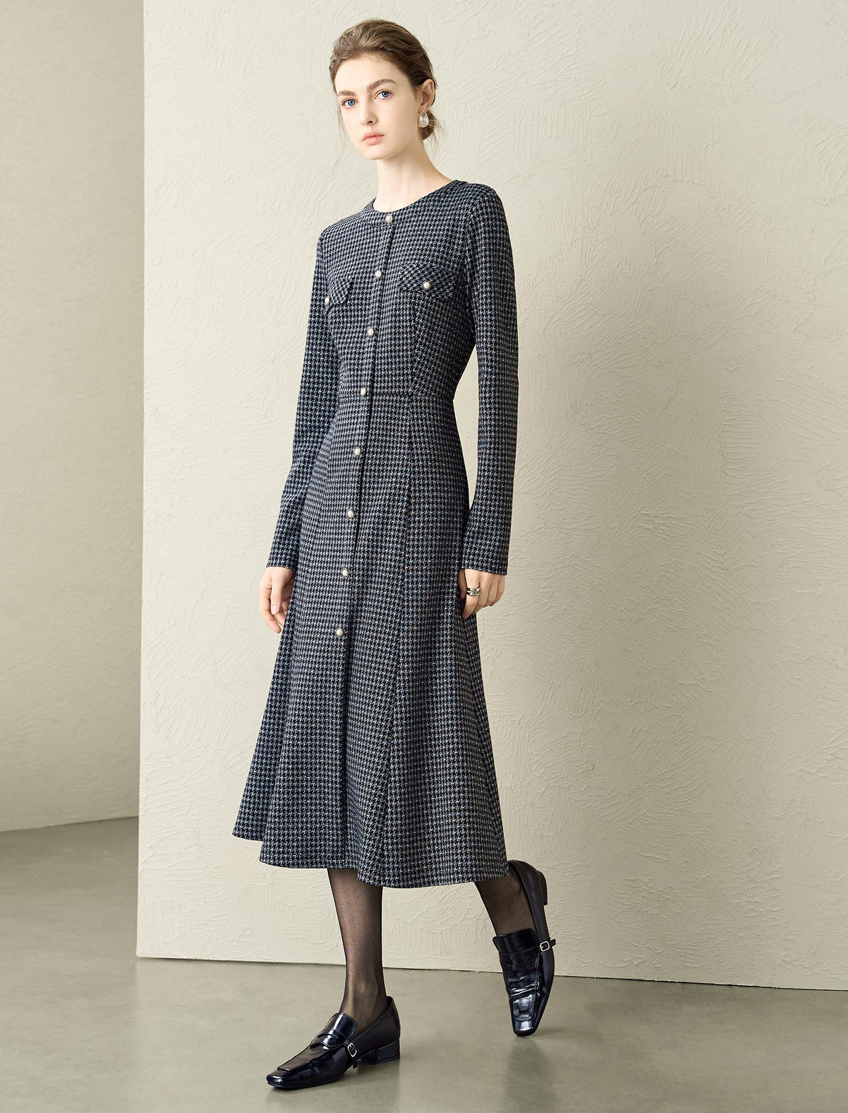 Fringe Tweed V-Neck Midi Dress