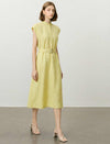 Stand Collar Sleeveless Belted Tencel Linen Midi Dress