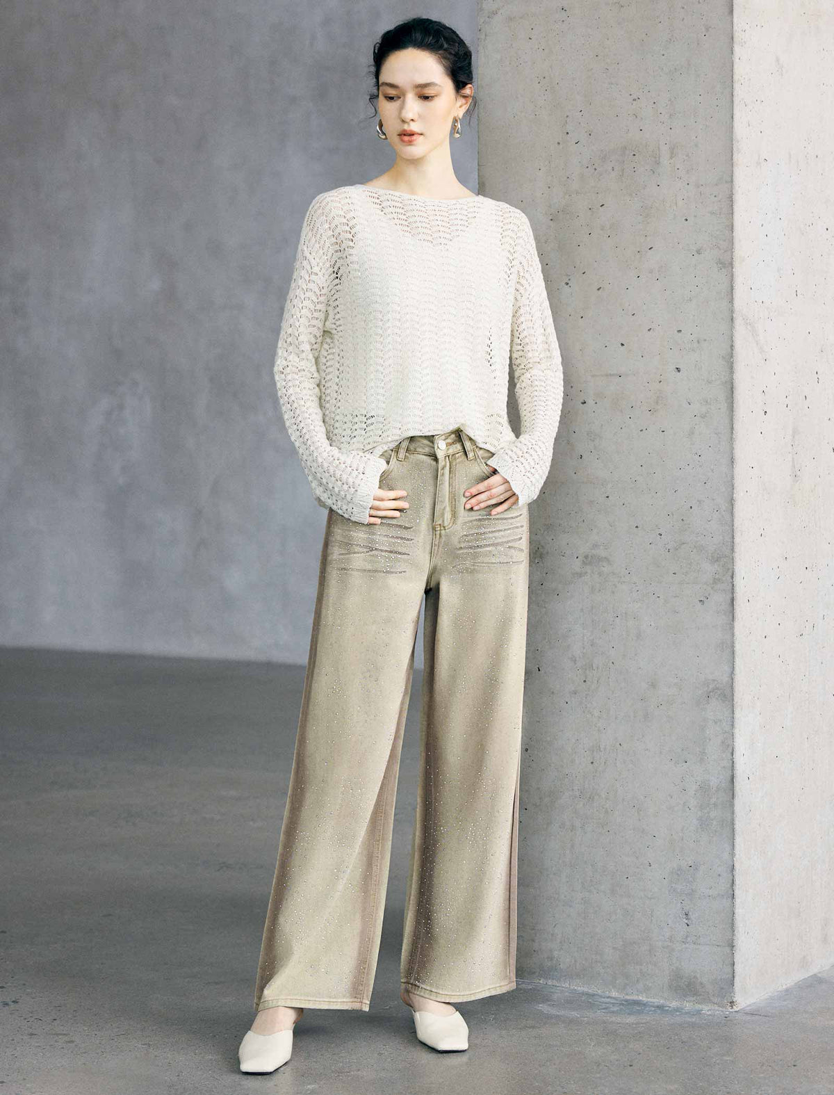 Vintage Washed Rhinestone Wide Leg Denim Pants
