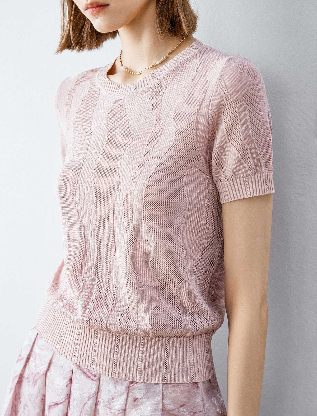Pink Textured Short Sleeve Knit Top
