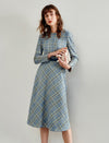 Blue Plaid Long Sleeve Midi Dress