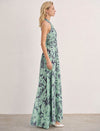 Green Tropical Leaf Print Halter Maxi Dress