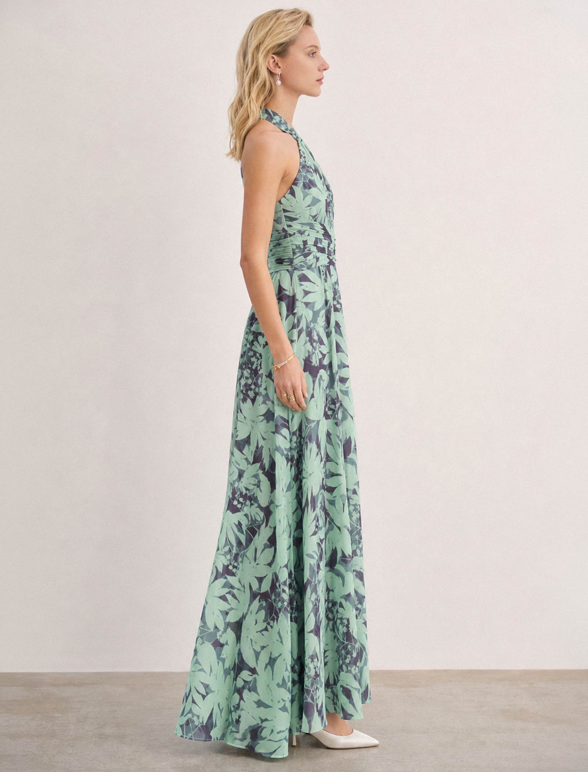 Green Tropical Leaf Print Halter Maxi Dress