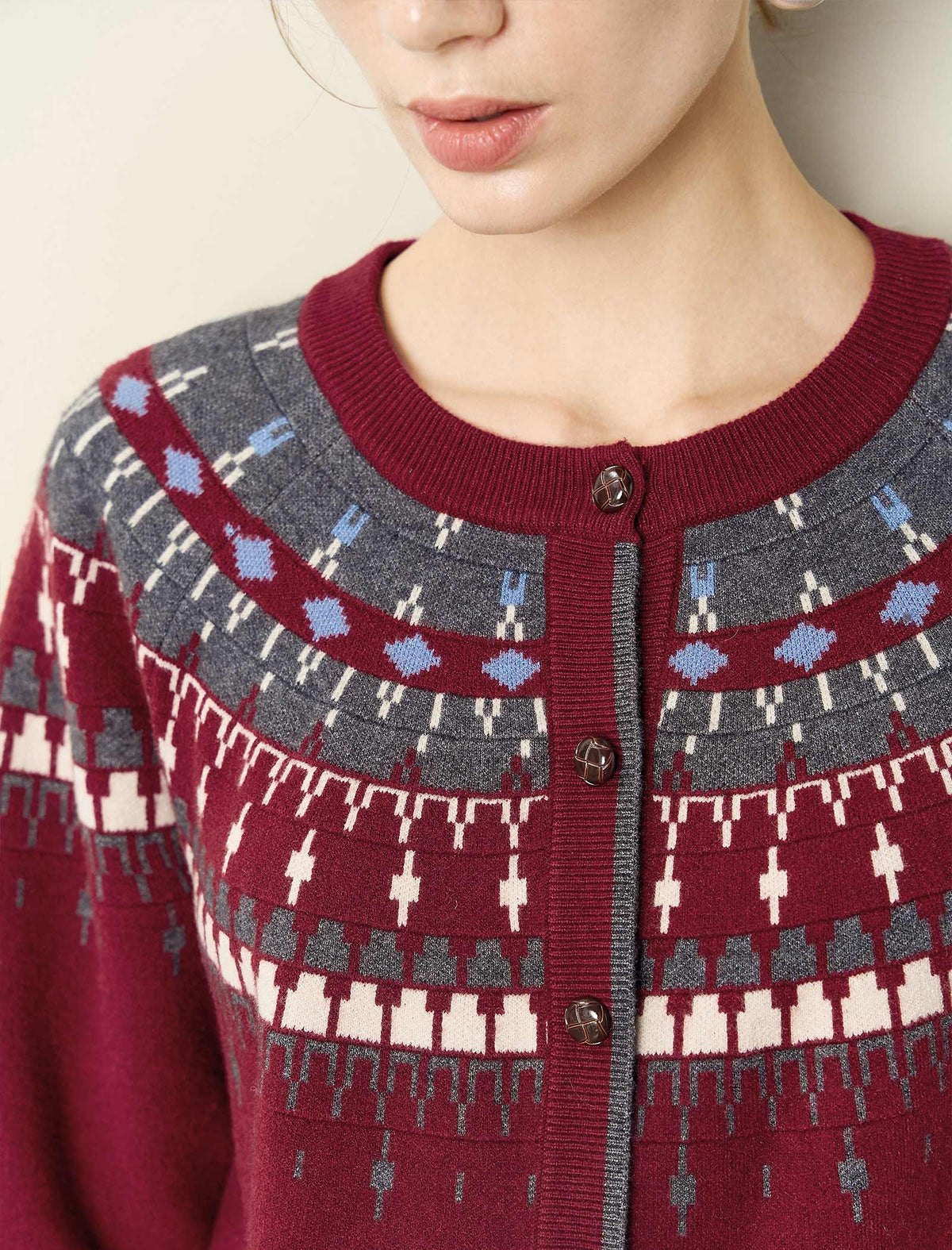 Burgundy Fair Isle Knit Crew Neck Button Front Cardigan