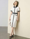 Contrast Collar Zip Front Belted Pencil Midi Office Dress
